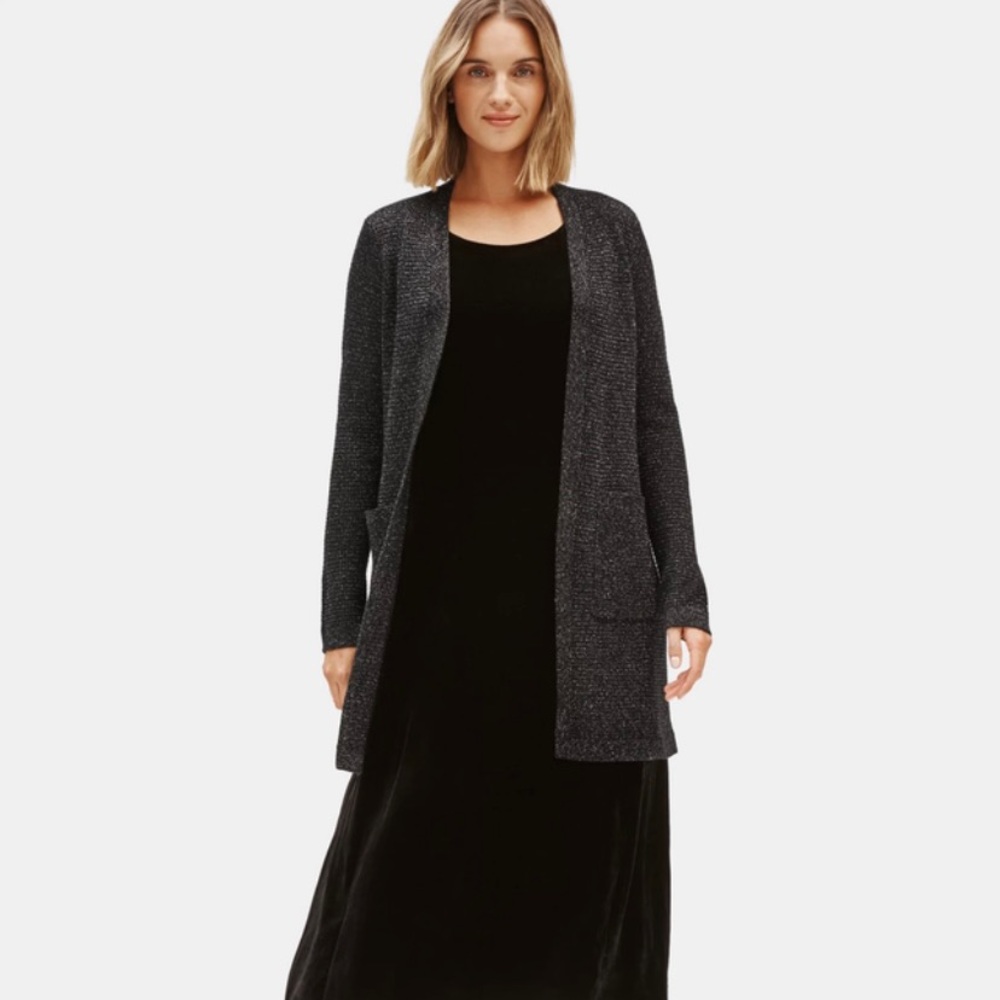 Eileen Fisher Merino Sparkle Long Cardigan Black Size PP NWT